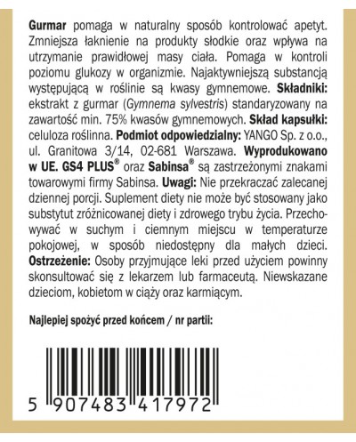 Gurmar GS4® - 75% kwasów gymnemowych - 60 kaps.